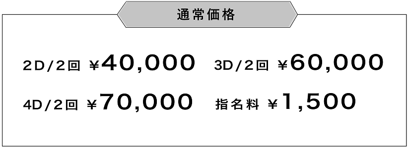 通常価格：2D/2回¥40,000　4D/2回¥70,000　3D/2回¥60,000　指名料 ¥1,500